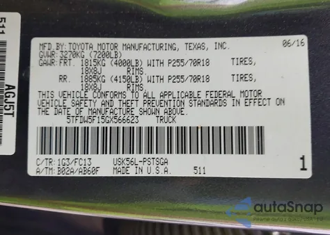 2016 Toyota Tundra Sr5 5.7L V8 z USA, uszkodzony, nr VIN 5TFDW5F15GX566623